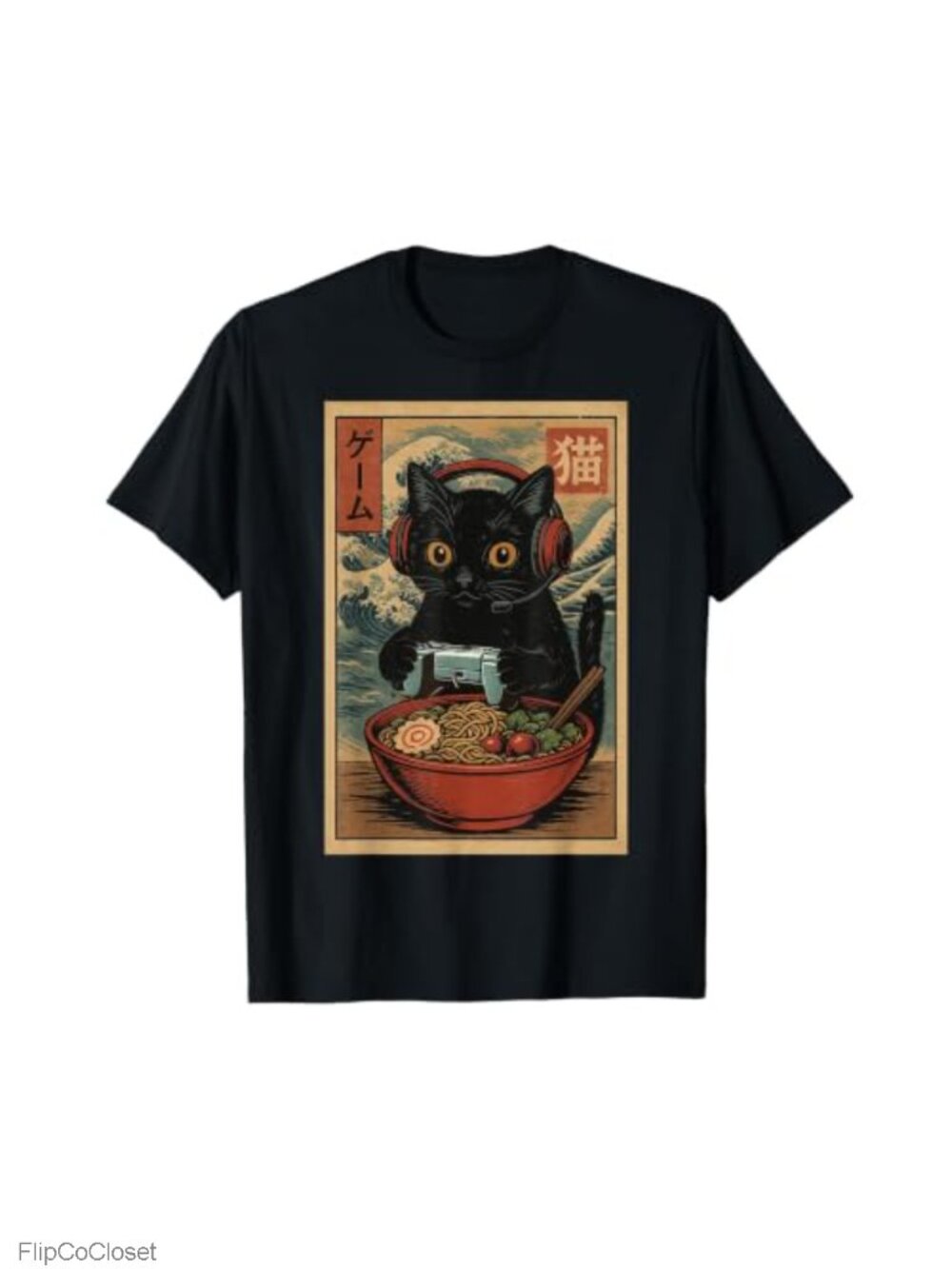 Gamer Cat Ramen Japanese Anime T-Shirt Short Sleeve Men's